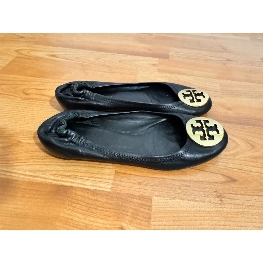 Tory Burch Womens Reva Comfort Ballet Flats Size 6.5 Black Leather Logo Designer
